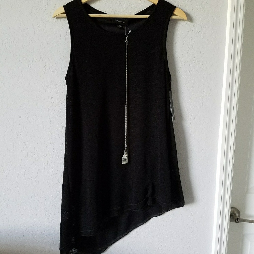 AB Studio Black Asymmetrical Knit Top with Necklace